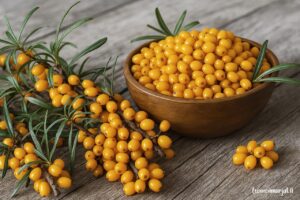 Keltaoransseja tyrnimarjoja kulhossa ja oksilla