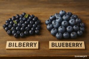 Vertailu: bilberry ja blueberry vierekkäin puupinnalla.